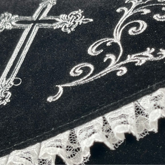 Dolls Kill Black Velvet Backpack White Embroidered Cross Drawstring Flap Bag - Picture 5 of 16